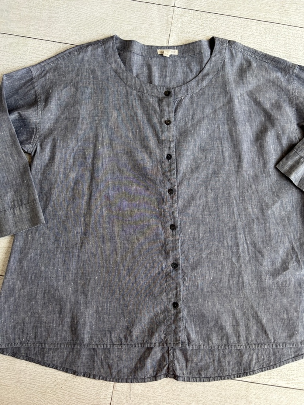 Eileen Fisher M top 3/4 sleeve organic cotton linen blend Blue roomy fit EUC